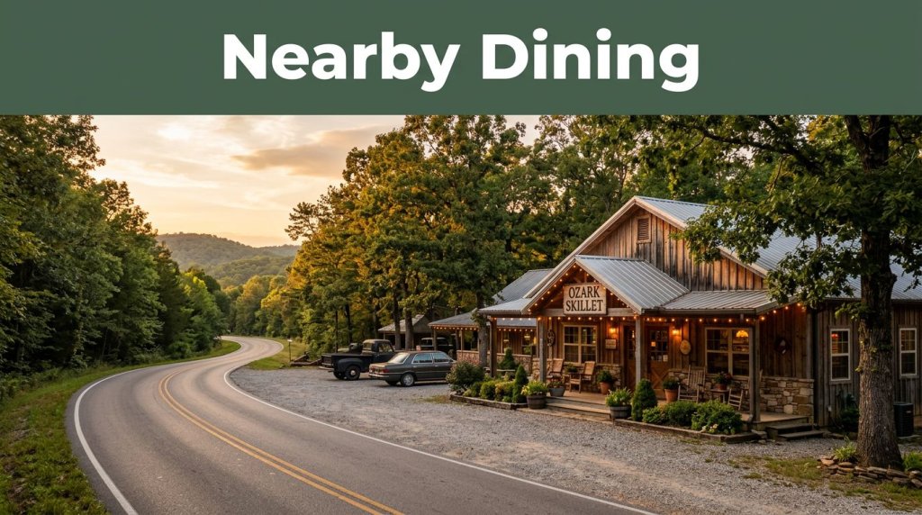 Rustic Arkansas restaurant beside a scenic highway with Ozark hills in the background.