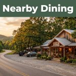 Rustic Arkansas restaurant beside a scenic highway with Ozark hills in the background.