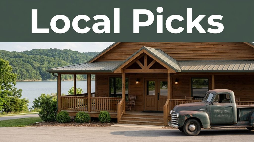 A timber restaurant porch with a vintage pickup, lake, and green Ozark hills behind it.