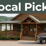 A timber restaurant porch with a vintage pickup, lake, and green Ozark hills behind it.