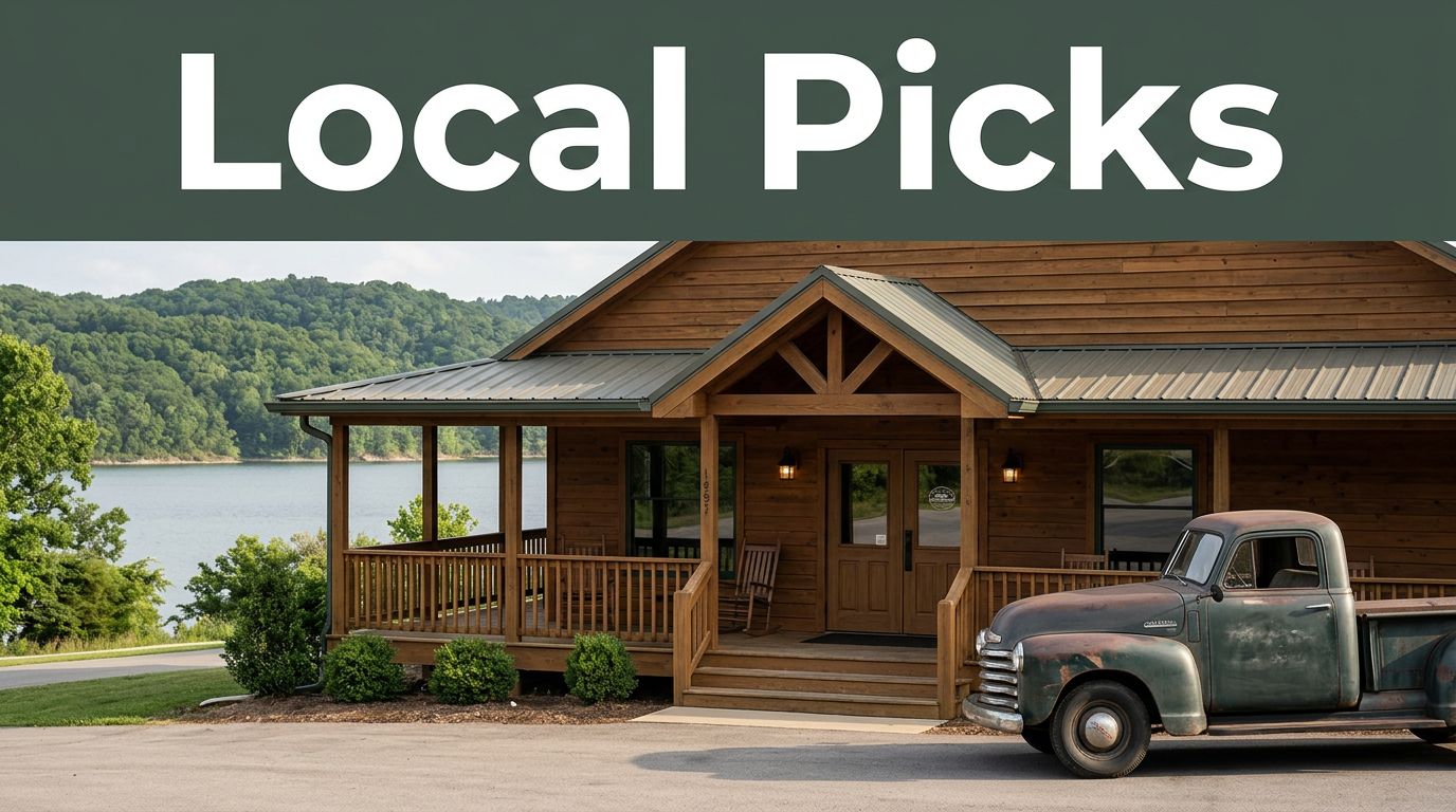 A timber restaurant porch with a vintage pickup, lake, and green Ozark hills behind it.