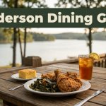 Southern food and iced tea on a lakeside restaurant patio.