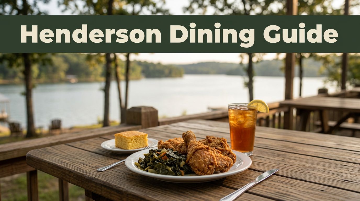 Southern food and iced tea on a lakeside restaurant patio.