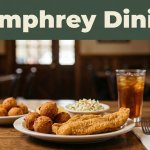 Fried fish dinner with hushpuppies, coleslaw, and sweet tea in a rustic Arkansas restaurant.