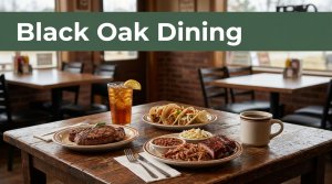 A rustic table holds steak, barbecue, tacos, iced tea, and coffee in a warm diner.
