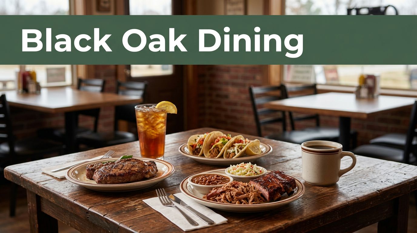 A rustic table holds steak, barbecue, tacos, iced tea, and coffee in a warm diner.