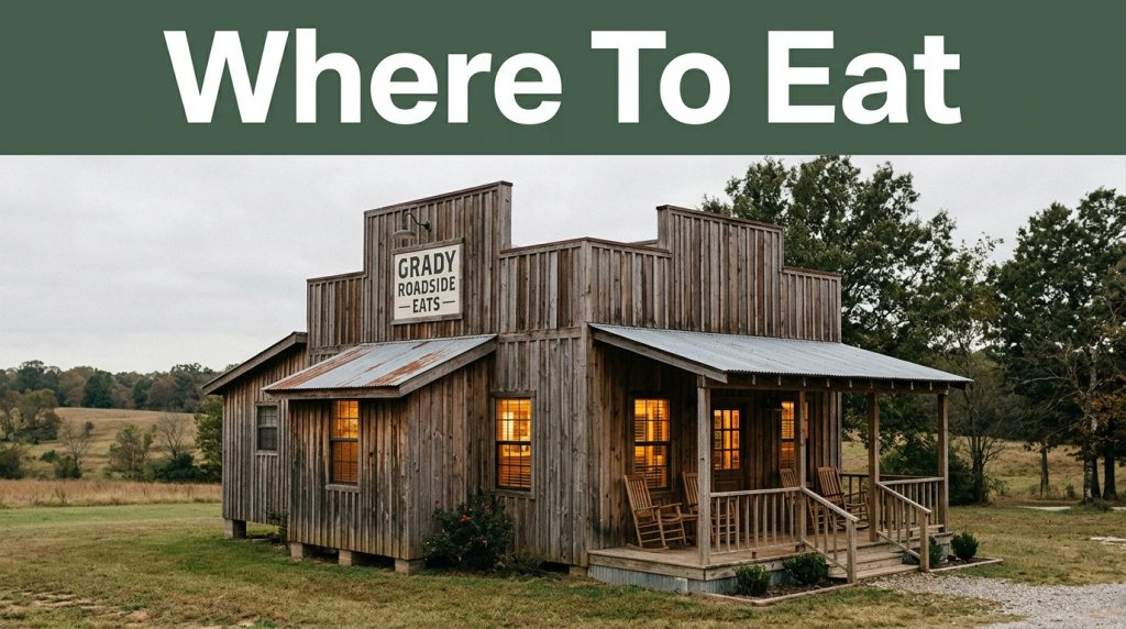 Rustic Grady restaurant with a porch, glowing windows, and countryside.