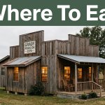 Rustic Grady restaurant with a porch, glowing windows, and countryside.