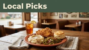 A Southern meal on a rustic table inside a softly lit café.