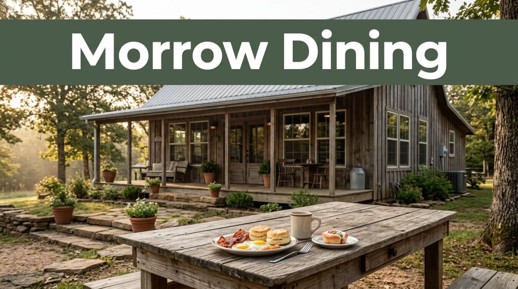 A rustic Arkansas café exterior with a table holding food, coffee, and a snack.