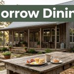 A rustic Arkansas café exterior with a table holding food, coffee, and a snack.