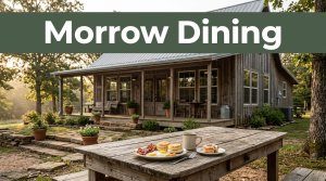 A rustic Arkansas café exterior with a table holding food, coffee, and a snack.