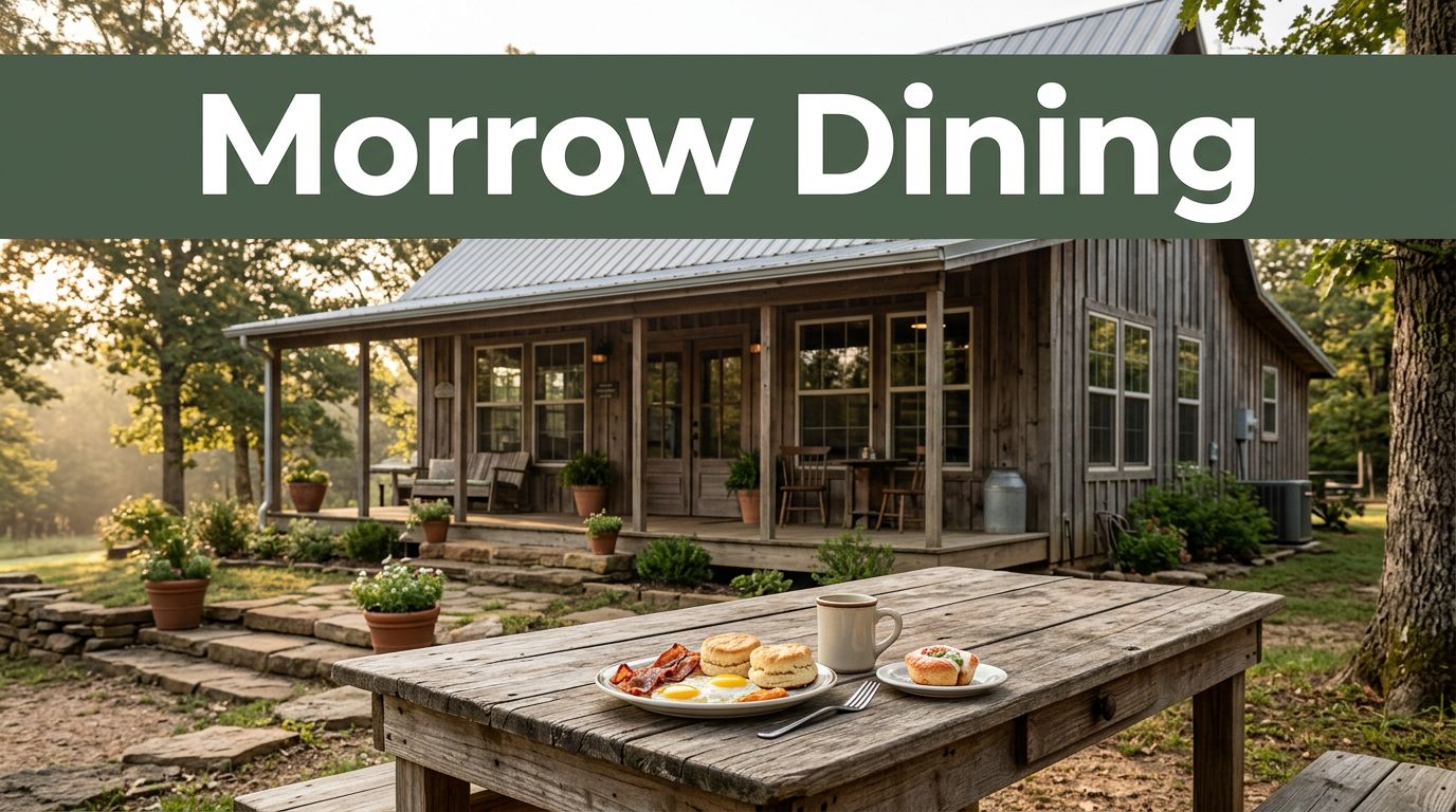 A rustic Arkansas café exterior with a table holding food, coffee, and a snack.