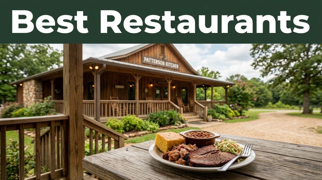 A porch-front Southern restaurant appears behind a plate of barbecue, cornbread, and vegetables.