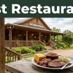 A porch-front Southern restaurant appears behind a plate of barbecue, cornbread, and vegetables.