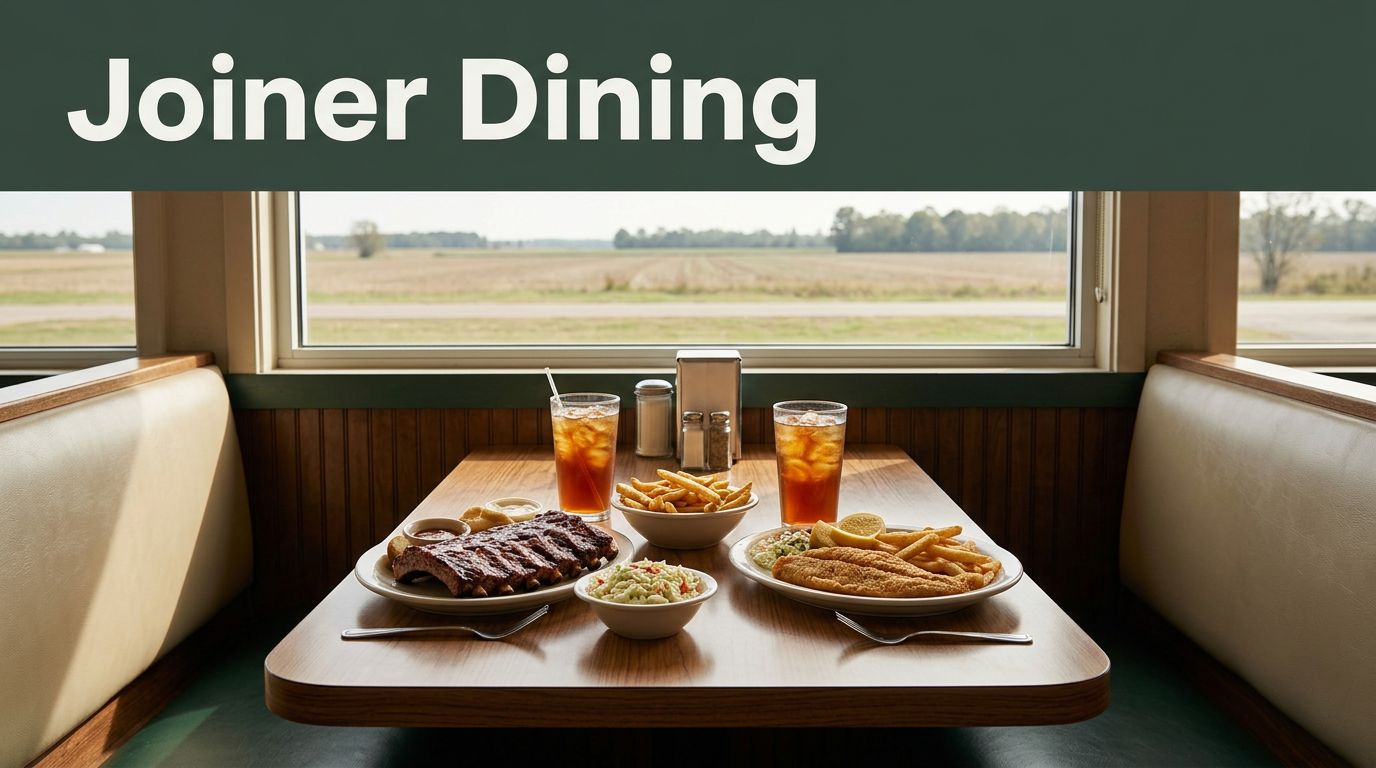 A diner table with ribs, catfish, coleslaw, fries, and iced tea by an Arkansas view.