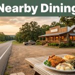 A Southern meal outside an Arkansas diner near a quiet rural highway.
