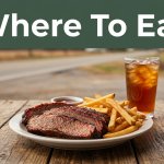 Barbecue, fries, and iced tea on a wooden table near a blurred highway.