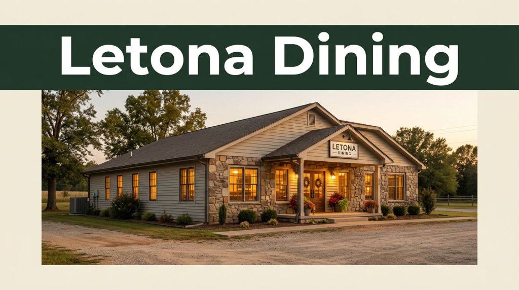 A cozy Arkansas roadside restaurant glows at sunset beneath a Letona Dining banner.