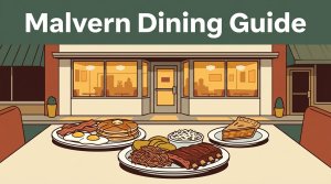 A Malvern diner storefront behind a plate of breakfast, barbecue, and pie.