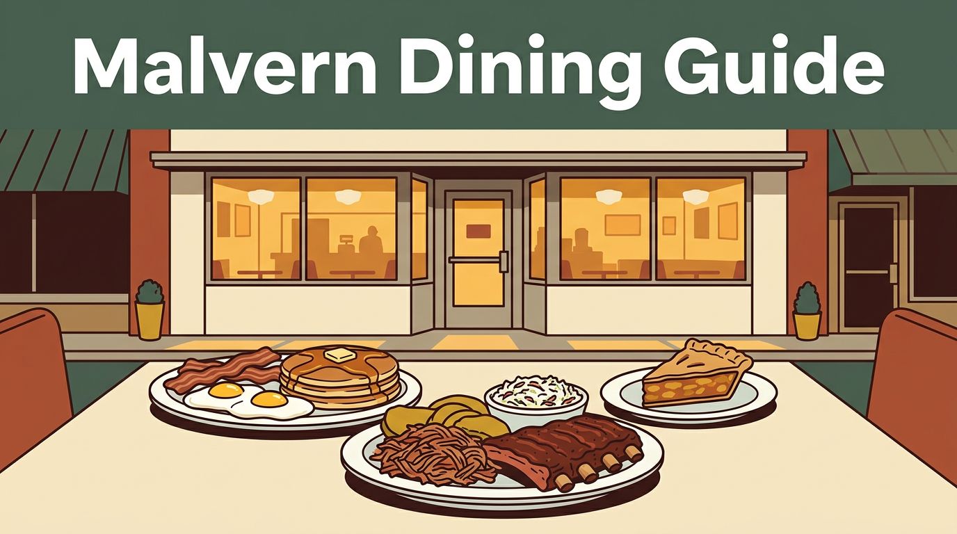 A Malvern diner storefront behind a plate of breakfast, barbecue, and pie.