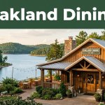 Rustic lakeside café with outdoor tables overlooking Bull Shoals Lake and green hills.