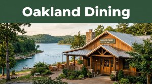 Rustic lakeside café with outdoor tables overlooking Bull Shoals Lake and green hills.