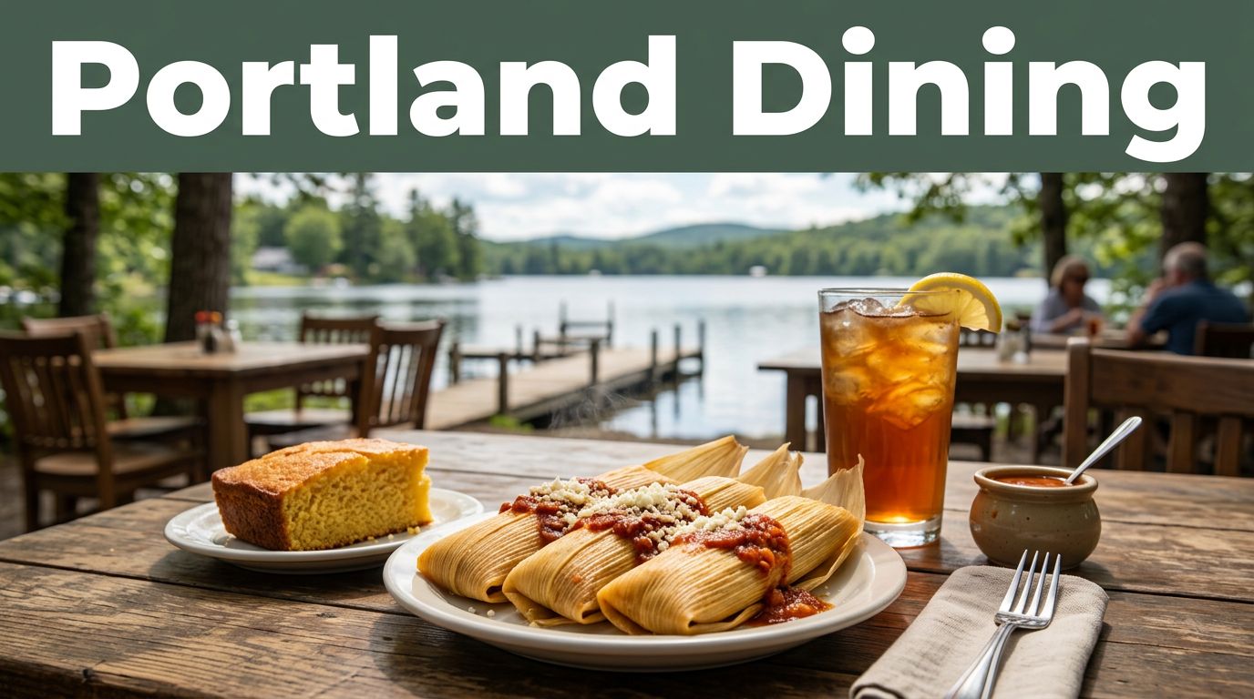 Tamales, cornbread, and iced tea on a rustic table at a lakeside café.