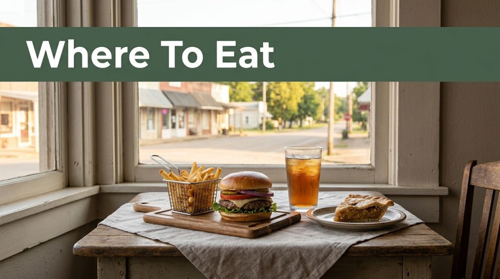 A burger meal and pie sit beside a café window overlooking a quiet Arkansas main street.