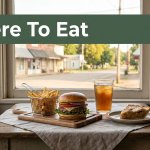 A burger meal and pie sit beside a café window overlooking a quiet Arkansas main street.