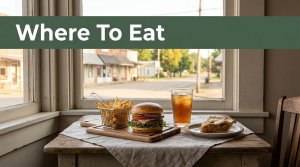 A burger meal and pie sit beside a café window overlooking a quiet Arkansas main street.