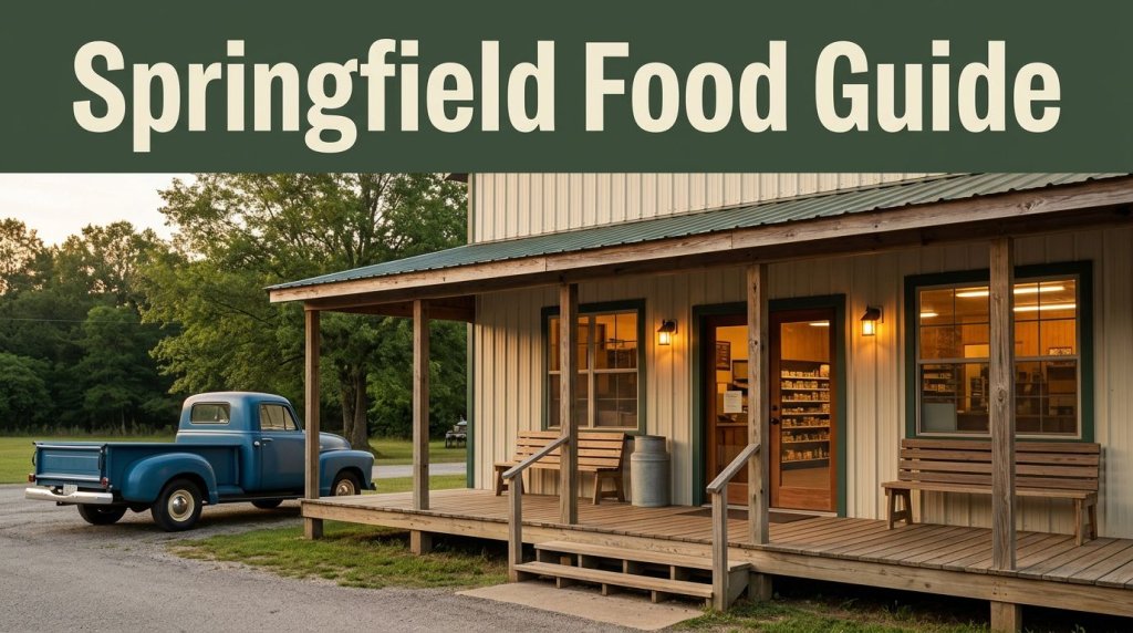 A rural Arkansas restaurant with a porch, vintage pickup, and Springfield Food Guide banner.