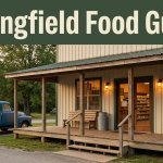 A rural Arkansas restaurant with a porch, vintage pickup, and Springfield Food Guide banner.