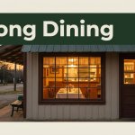 A small Arkansas restaurant glows at sunset beneath a Strong Dining headline.