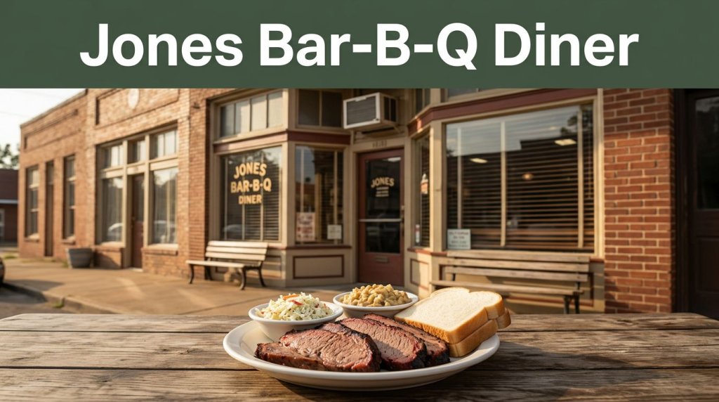 A historic brick diner behind a plate of sliced barbecue meat.