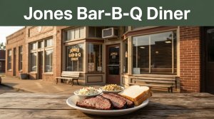A historic brick diner behind a plate of sliced barbecue meat.
