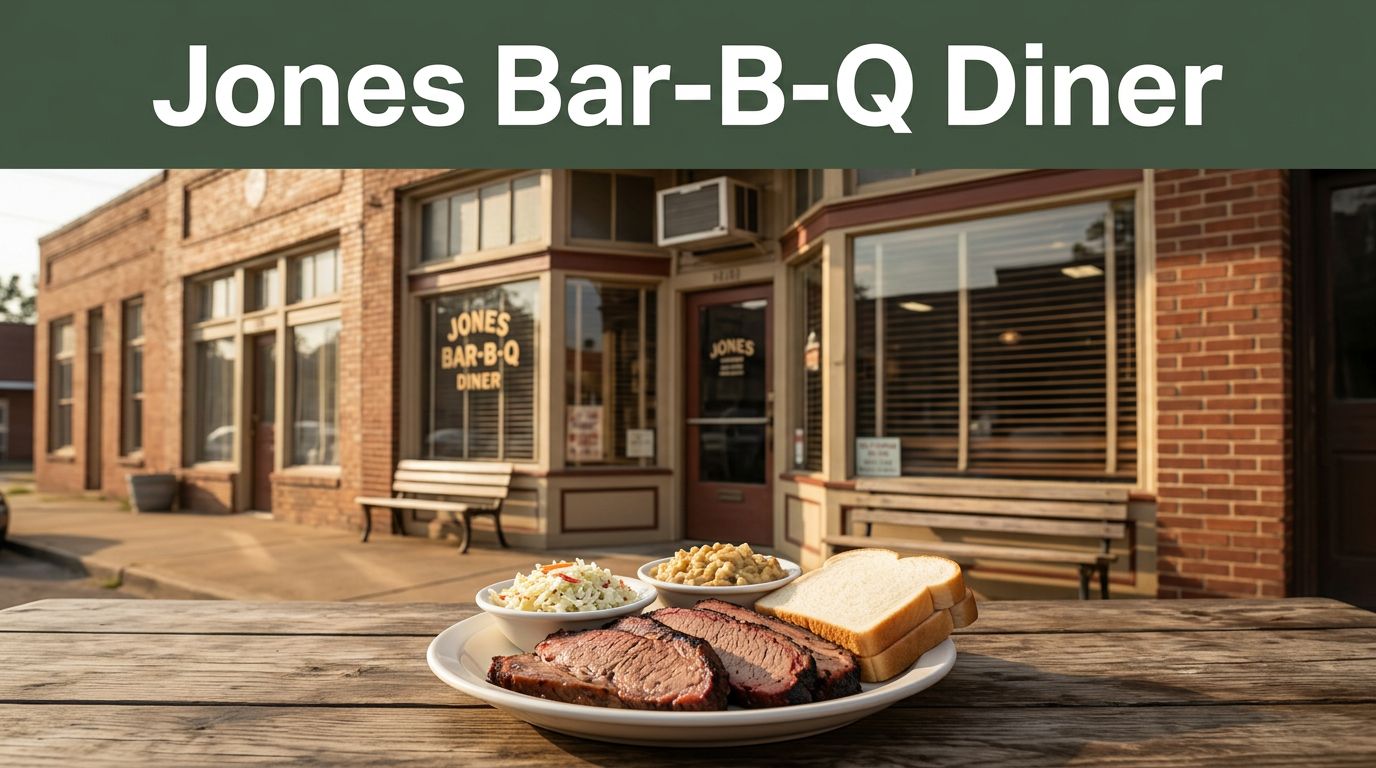 A historic brick diner behind a plate of sliced barbecue meat.