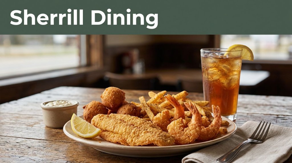 A Southern catfish and shrimp dinner with fries, hush puppies, lemon, and iced tea.