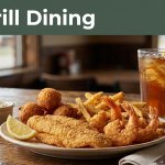 A Southern catfish and shrimp dinner with fries, hush puppies, lemon, and iced tea.