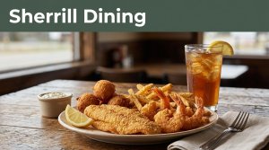 A Southern catfish and shrimp dinner with fries, hush puppies, lemon, and iced tea.