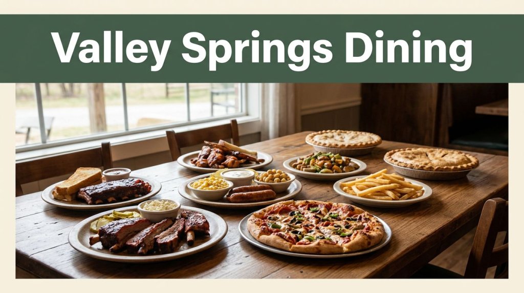 A rustic table holds barbecue, sides, pizza, and pie beside an Arkansas countryside view.