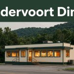 A warmly lit roadside diner sits beside US-71 with forested foothills behind it.