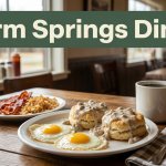 Eggs, biscuits, gravy, and coffee sit on a rustic table in a warmly lit café.
