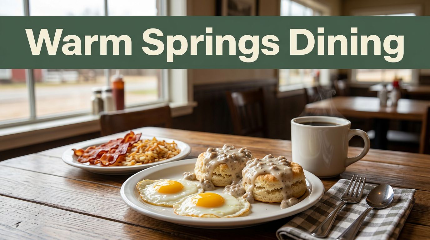 Eggs, biscuits, gravy, and coffee sit on a rustic table in a warmly lit café.