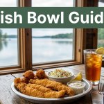 Fried fish dinner with hushpuppies, coleslaw, and iced tea beside Millwood Lake.
