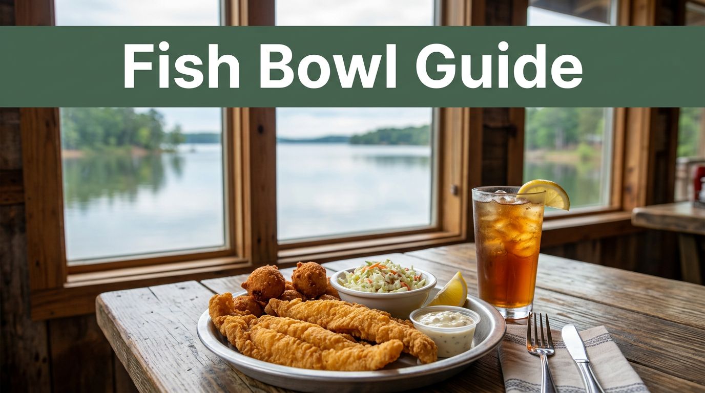 Fried fish dinner with hushpuppies, coleslaw, and iced tea beside Millwood Lake.