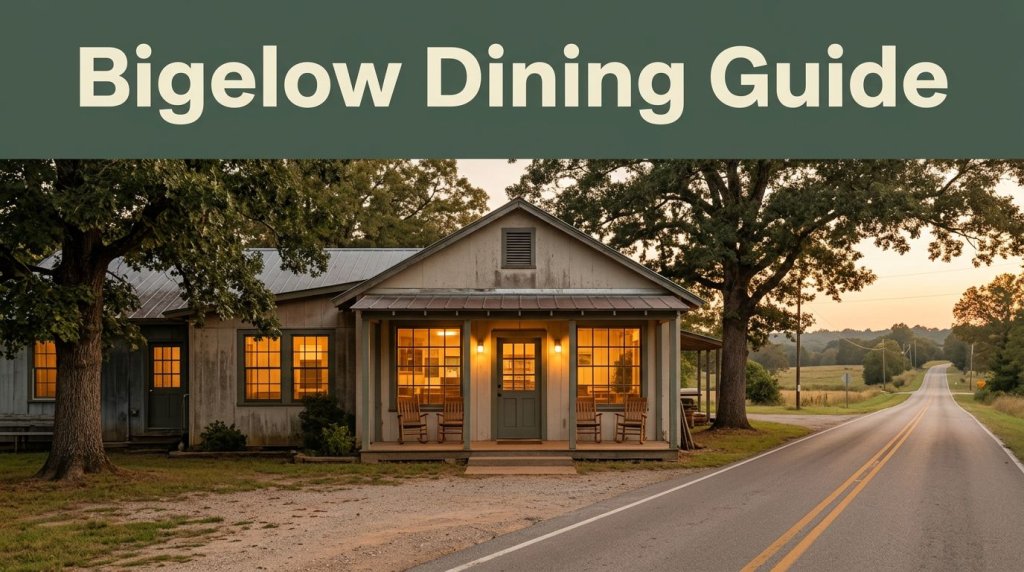 A welcoming roadside restaurant with lit windows, trees, and a quiet country road.