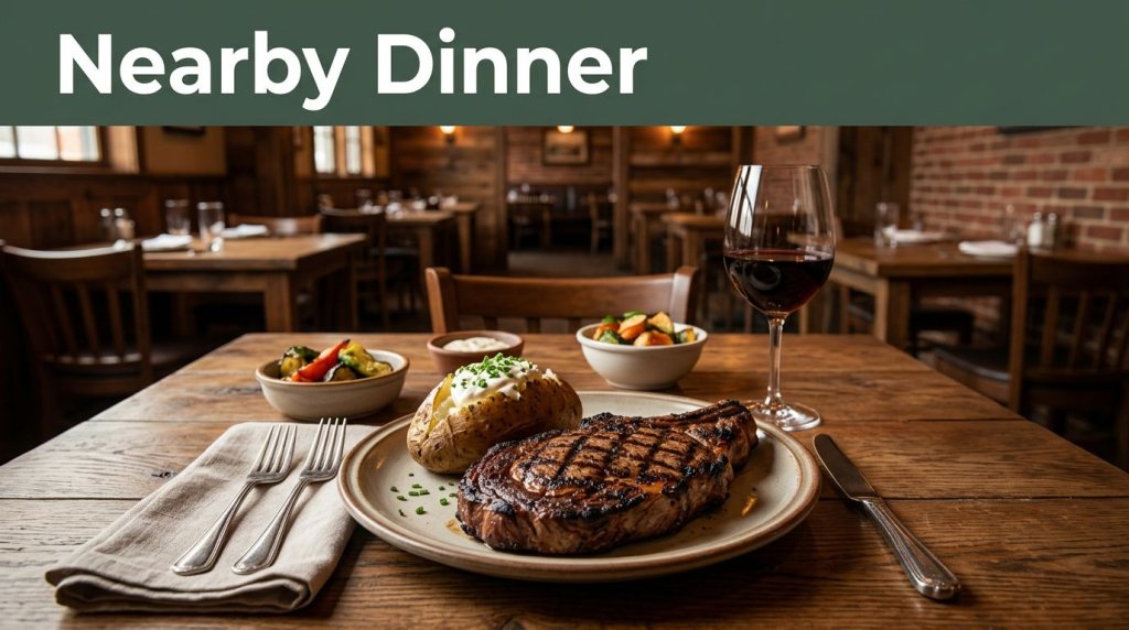 A steak dinner on a wooden table inside a rustic restaurant.