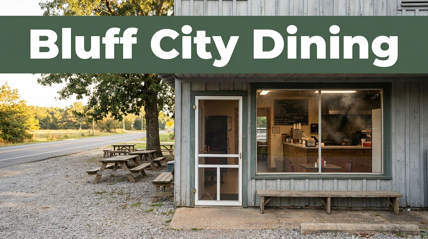 A rural barbecue storefront with picnic tables and a green Bluff City Dining banner.