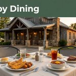 An Arkansas restaurant exterior with an outdoor table of comfort food beneath a Nearby Dining headline.